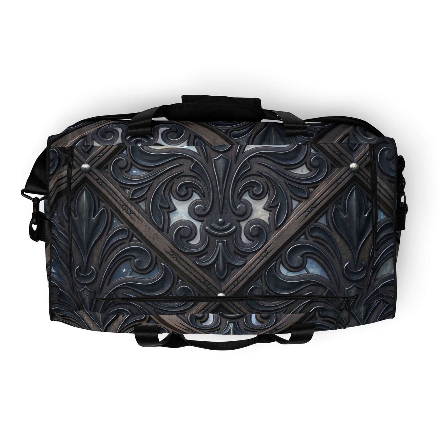 Art Deco Filigreee Duffle bag for men featuring intricate filigree design in dark tones.