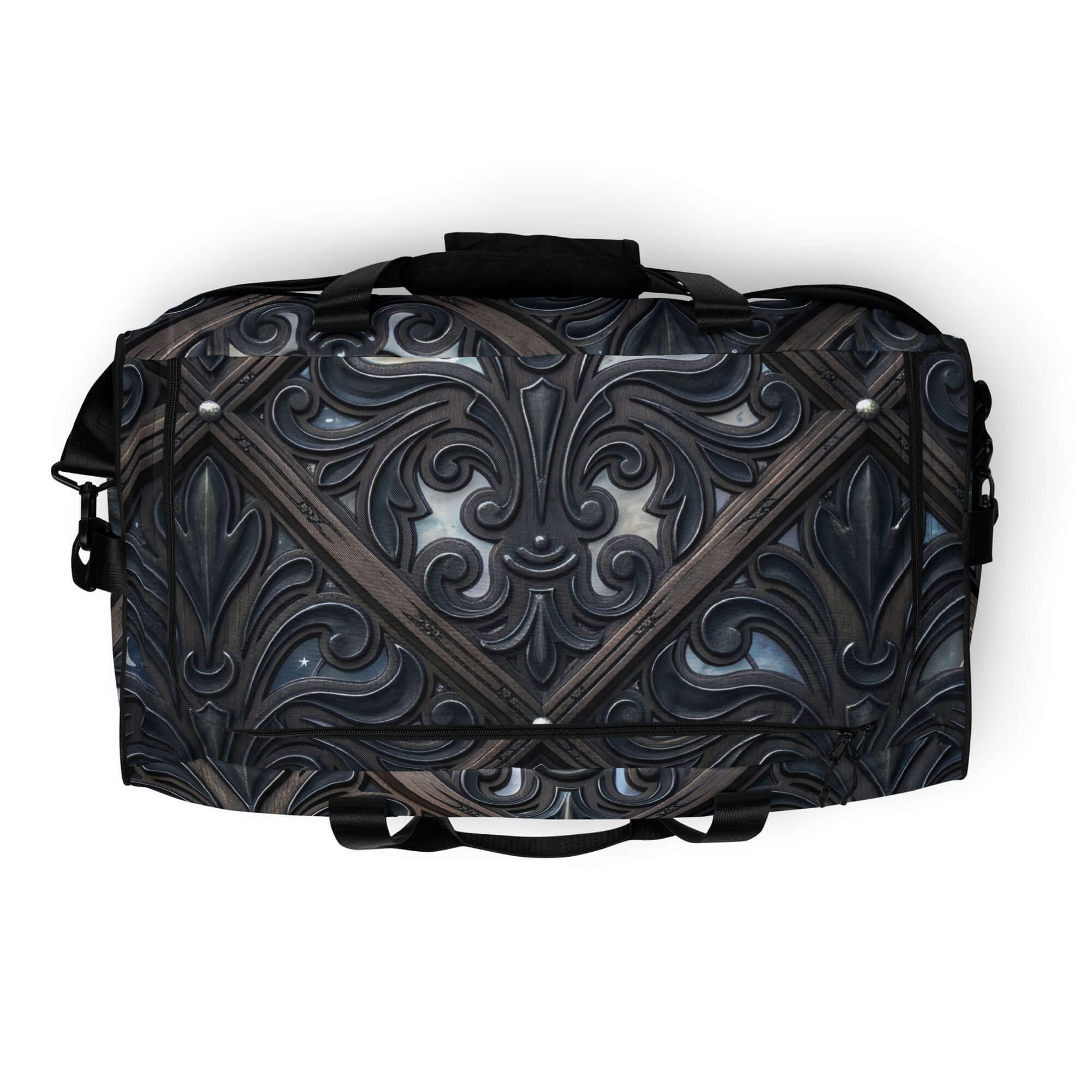 Art Deco Filigreee Duffle bag for men featuring intricate filigree design in dark tones.