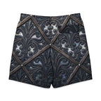 Back view of art deco men's board shorts featuring intricate Italian renaissance filigree design.
