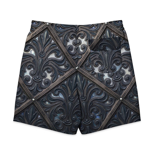 Back view of art deco men's board shorts featuring intricate Italian renaissance filigree design.