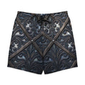 art deco men's board shorts featuring intricate Italian renaissance filigree design and quick-drying fabric.