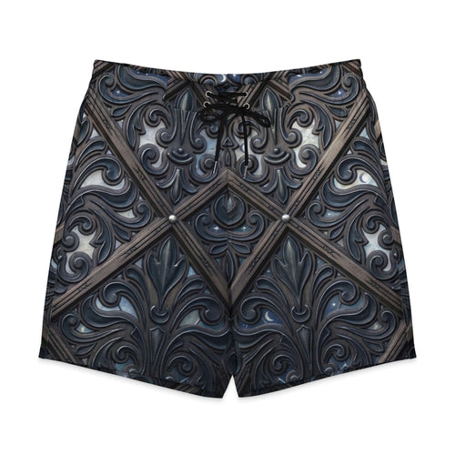 art deco men's board shorts featuring intricate Italian renaissance filigree design and quick-drying fabric.