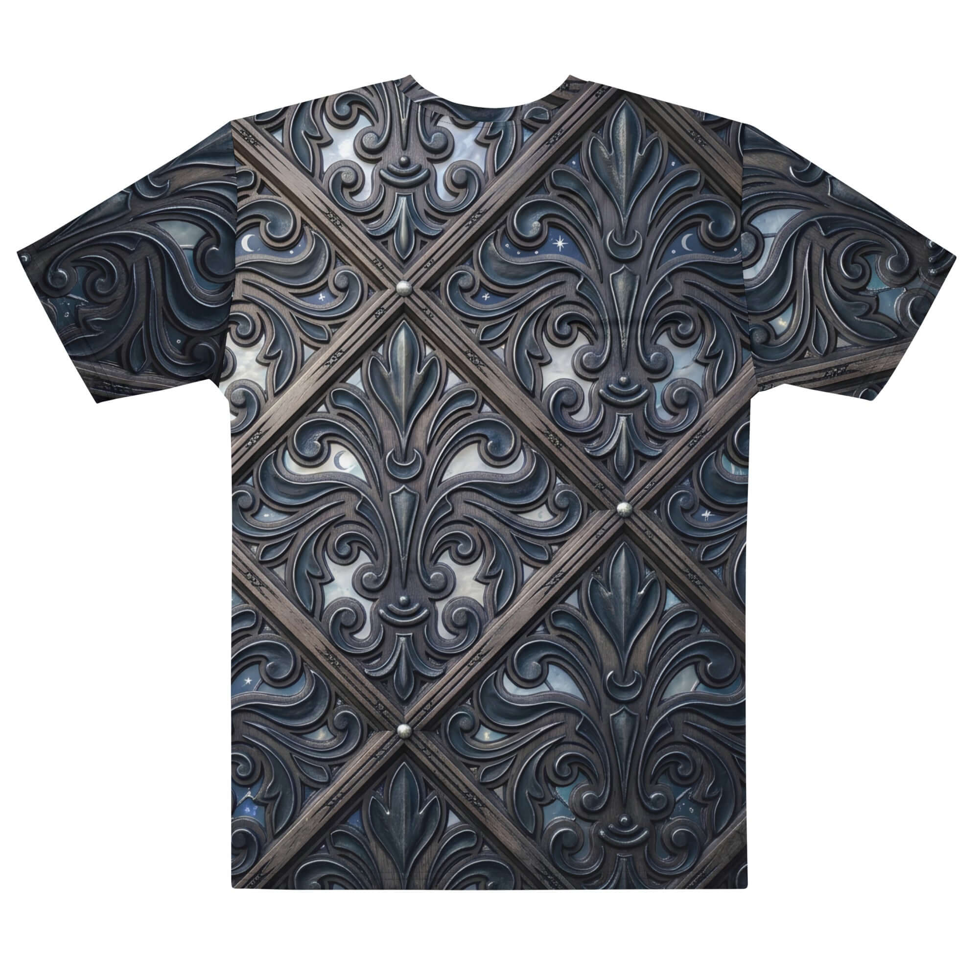 Art Deco cotton t-shirt featuring intricate filigree design on a stylish back view.