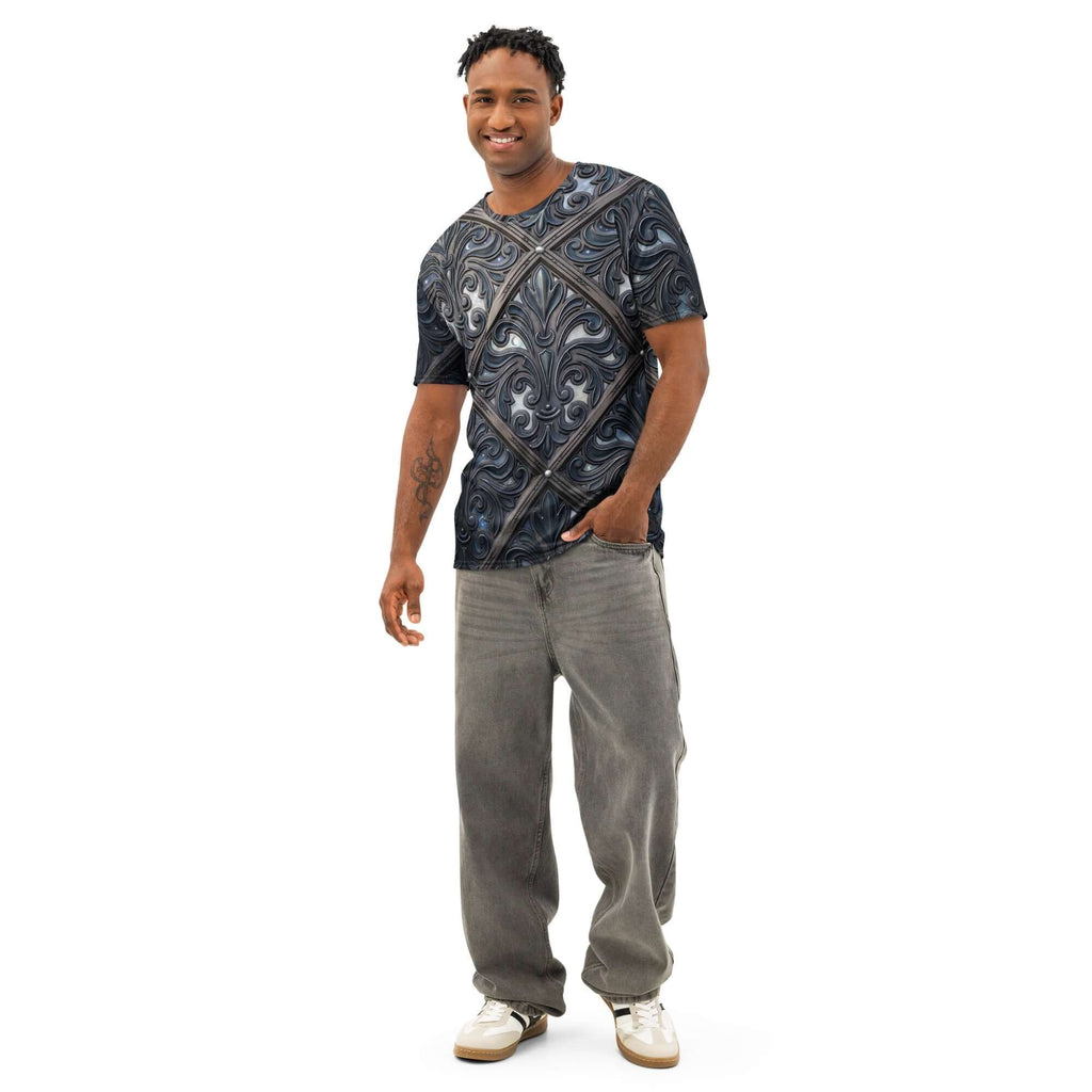 Art Deco cotton t-shirt displayed on a model showcasing its elegant filigree design and comfortable fit.