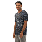 Art Deco cotton t-shirt worn by a smiling man, featuring a sophisticated renaissance filigree design in dark colors.
