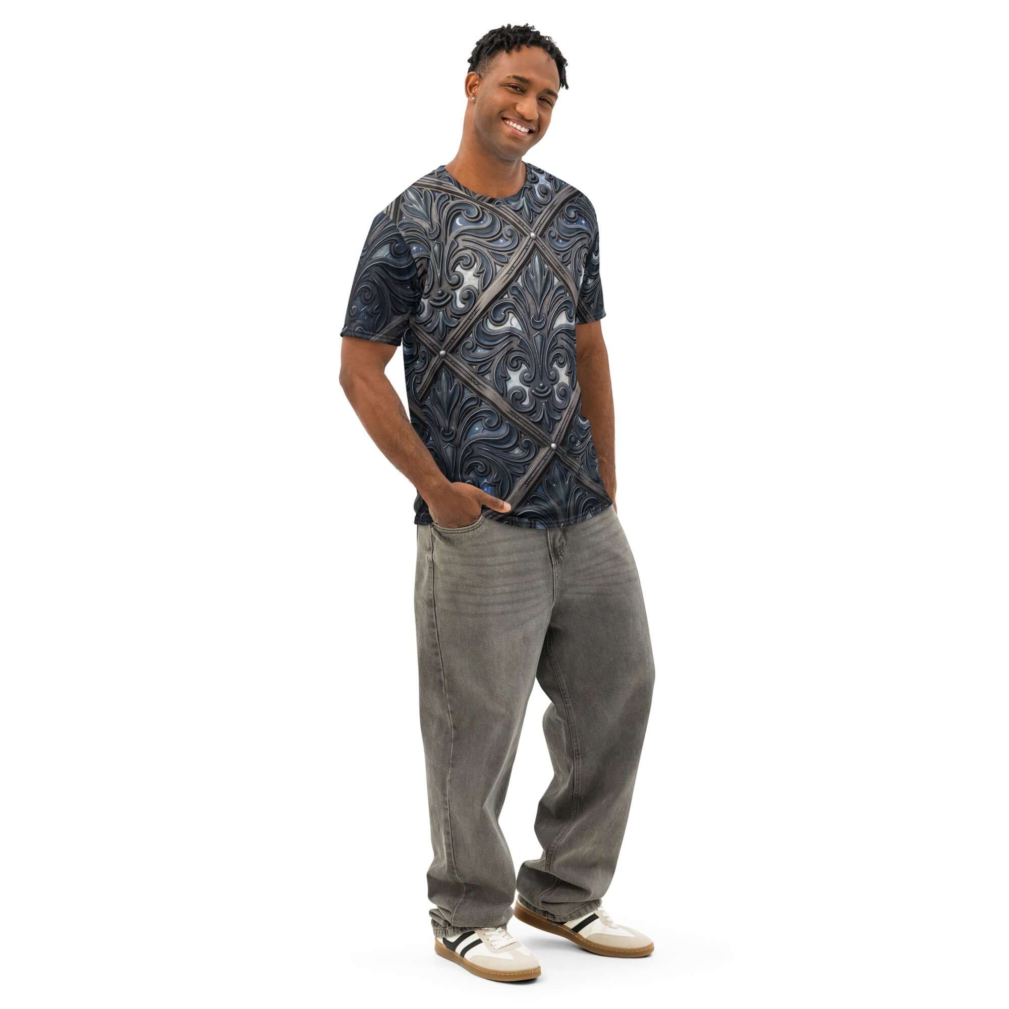 Art Deco cotton t-shirt worn by a man, featuring a stylish filigree design against a blue background.