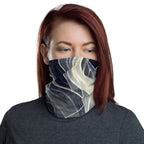 Woman wearing a smoke pattern gaiter as a face covering, showcasing versatile style and comfort.
