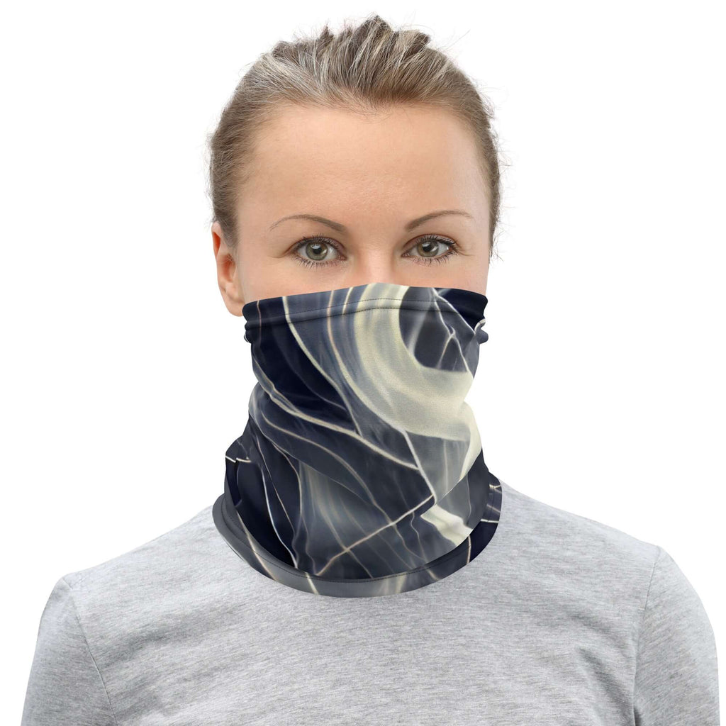 Smoke pattern gaiter worn by a person, showcasing its versatility as a face covering and neck warmer.