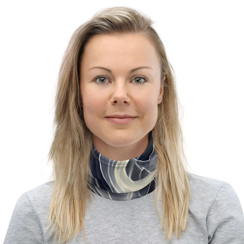 Woman wearing a Smoke pattern gaiter, showcasing style and versatility for face covering and neck warmer.