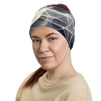 Smoke pattern gaiter worn as a stylish headband by a woman, showcasing comfort and everyday performance.