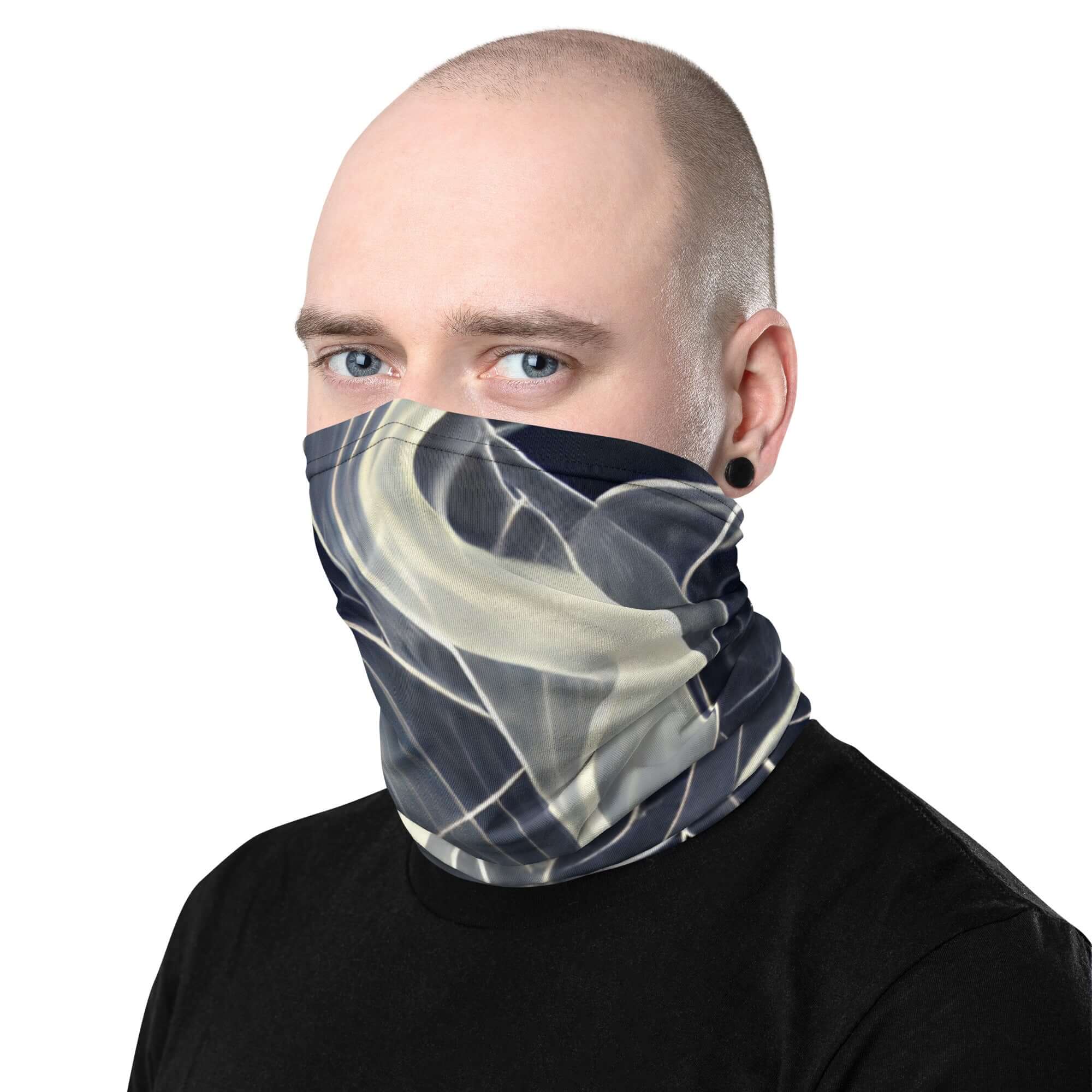 Man wearing a Smoke Pattern Gaiter as a face covering, showcasing its stylish design and versatility.