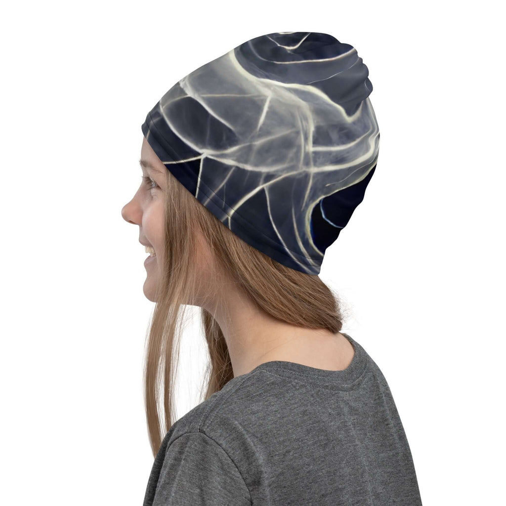 Side view of a girl wearing a smoke pattern gaiter beanie, showcasing its stylish design and comfort.