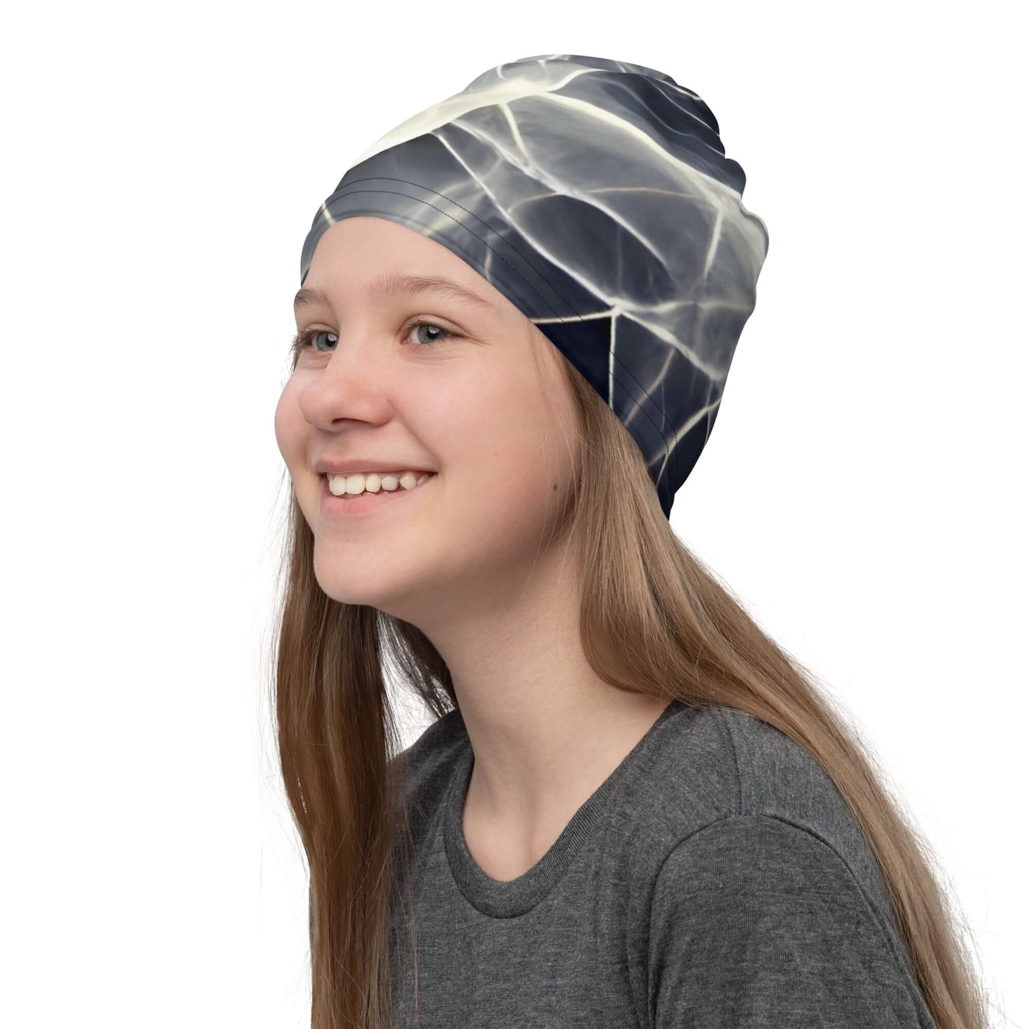 Smoke pattern gaiter worn by a girl, highlighting its stylish design and comfort for outdoor activities.
