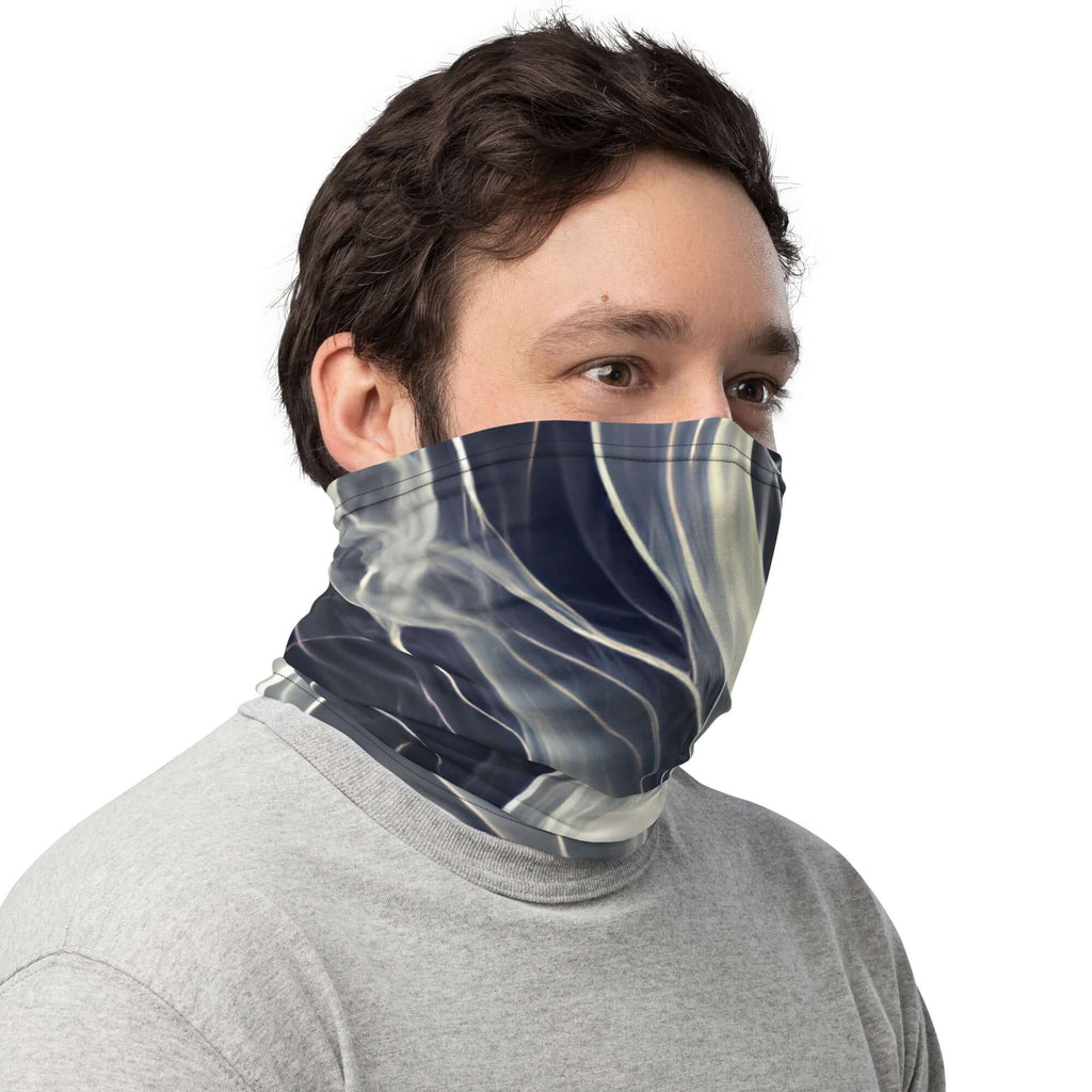 Smoke pattern gaiter worn as a face covering by a person, showcasing its stylish design and versatility.