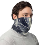 Smoke pattern gaiter worn as a face covering by a person, showcasing its stylish design and versatility.