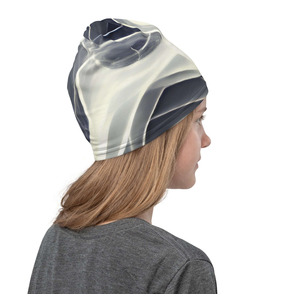 Smoke pattern gaiter worn as a stylish accessory, showing versatility and comfort for outdoor activities.