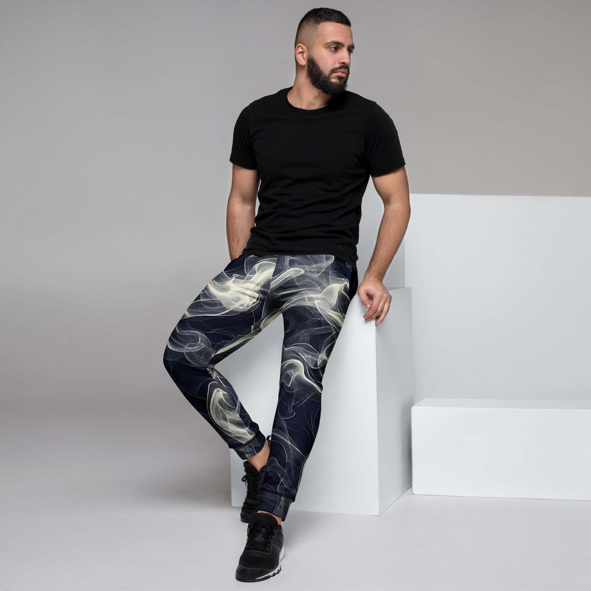 Smokey Men's Joggers for Comfort, a man in stylish joggers and black t-shirt, perfect for workouts and lounging.