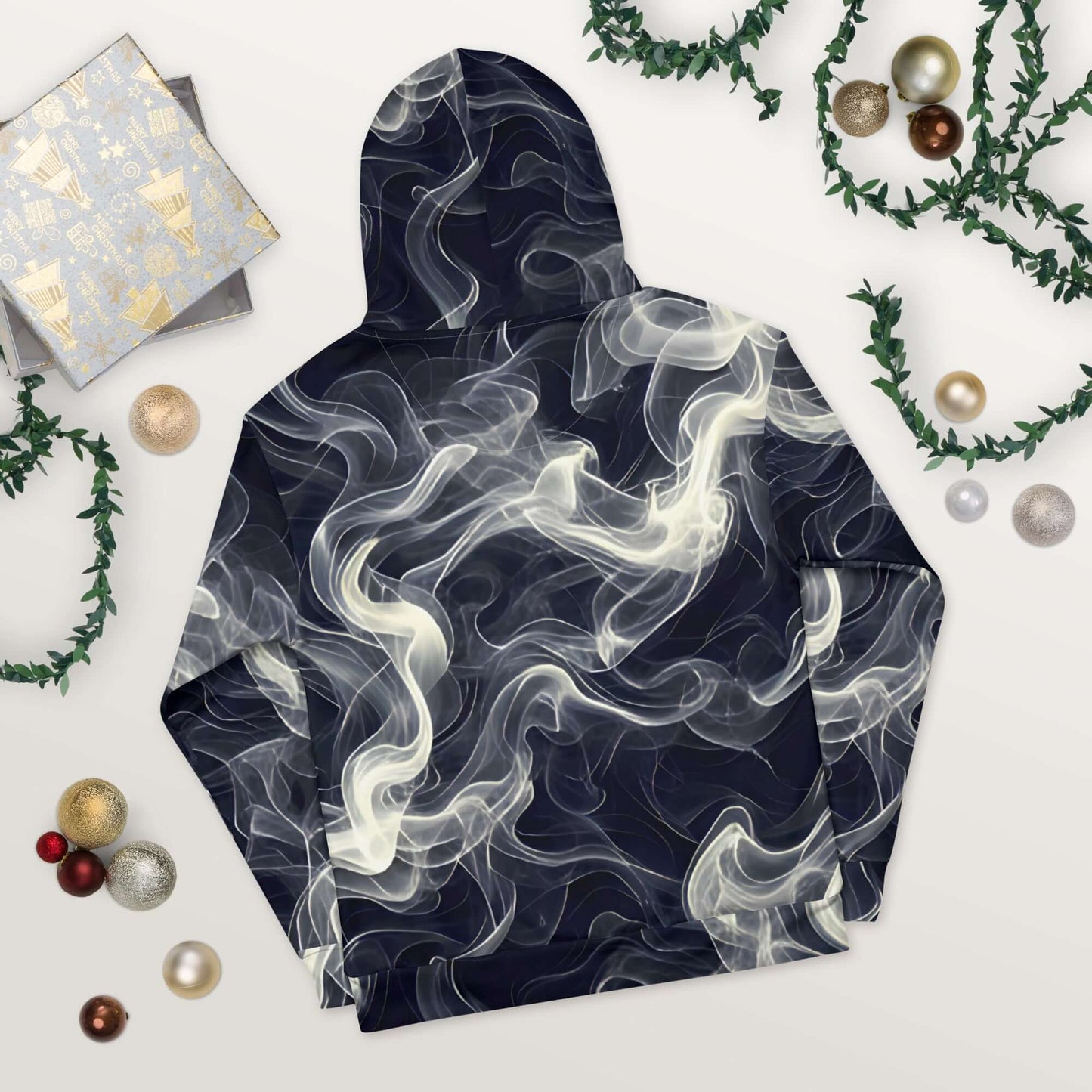 Smokey Unisex Hoodie for Stylish Streetwear Enthusiasts featuring a swirling smoke design against a dark background.