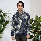 Smokey Unisex Hoodie for Stylish Streetwear Enthusiasts worn by a man, featuring a swirling smoke design in urban setting.