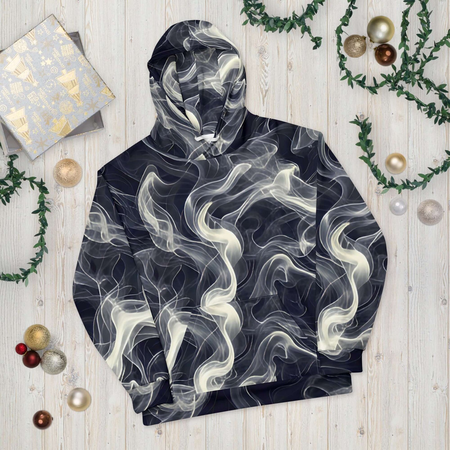Smokey Unisex Hoodie for Stylish Streetwear Enthusiasts with a vibrant smoke print on a dark background.