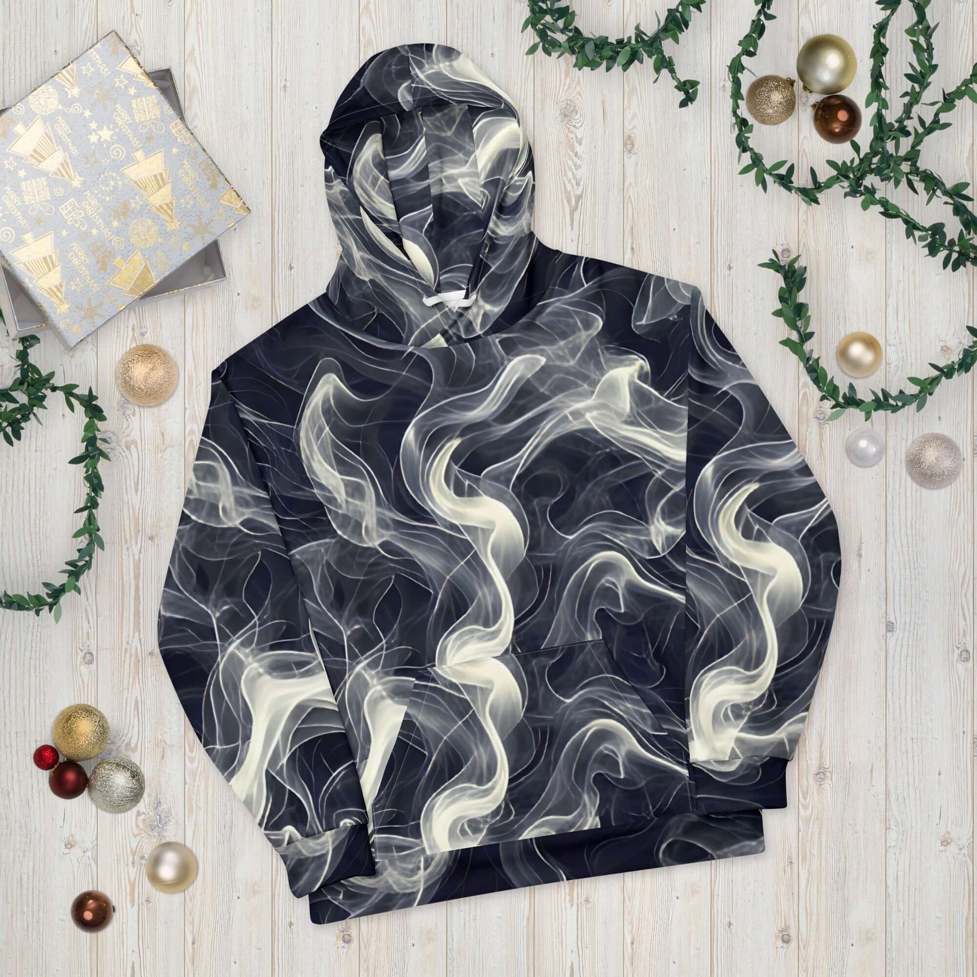 Smokey Unisex Hoodie for Stylish Streetwear Enthusiasts with a vibrant smoke print on a dark background.