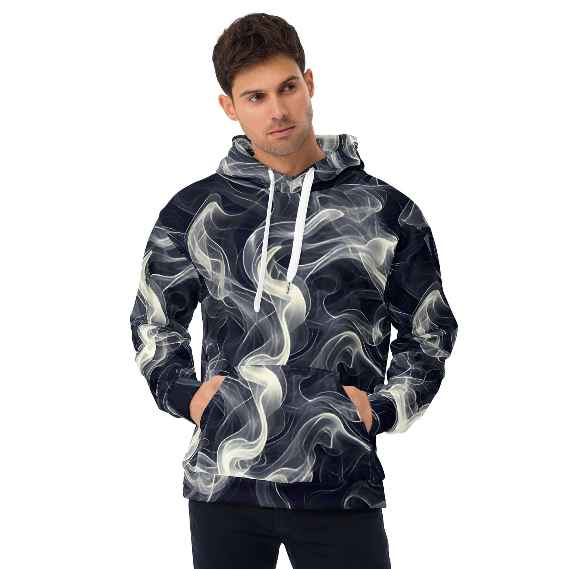 Smokey Unisex Hoodie for Stylish Streetwear Enthusiasts featuring a dynamic smoke design.