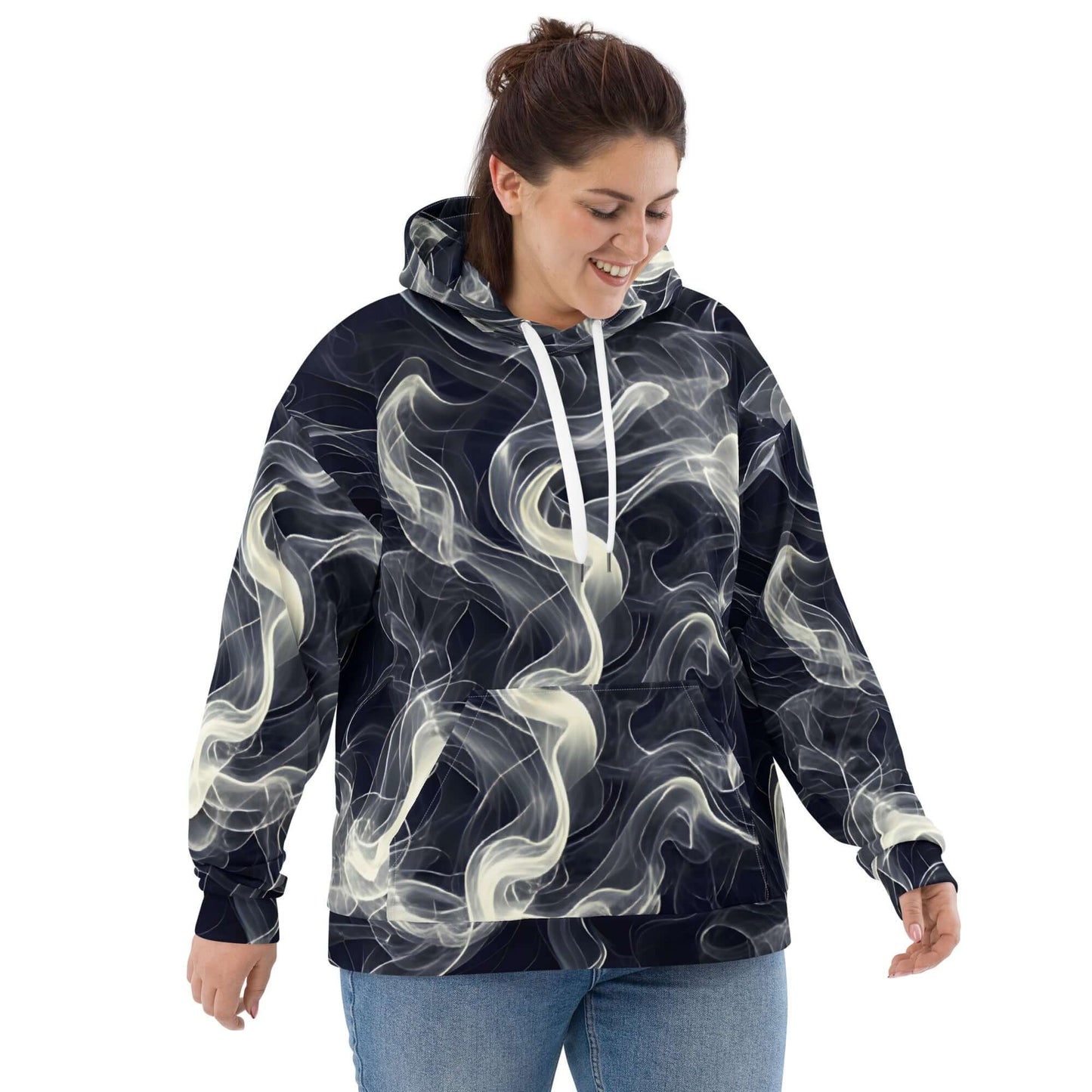 Smokey Unisex Hoodie for Stylish Streetwear Enthusiasts worn by a young woman, featuring a vibrant smoke print.
