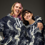 Smokey Unisex Hoodie for Stylish Streetwear Enthusiasts, two models smiling in trendy hoodies with vibrant smoke print.