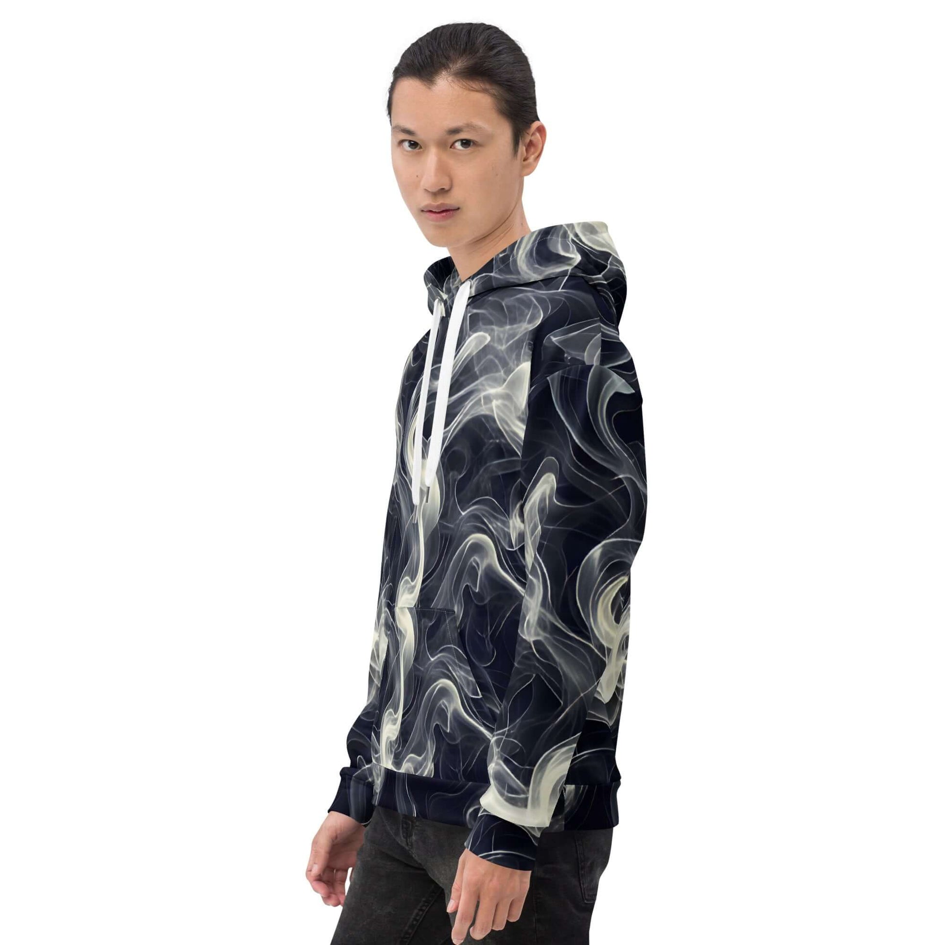 Smokey Unisex Hoodie for Stylish Streetwear Enthusiasts modeled by a young man, showcasing its unique design and comfort.