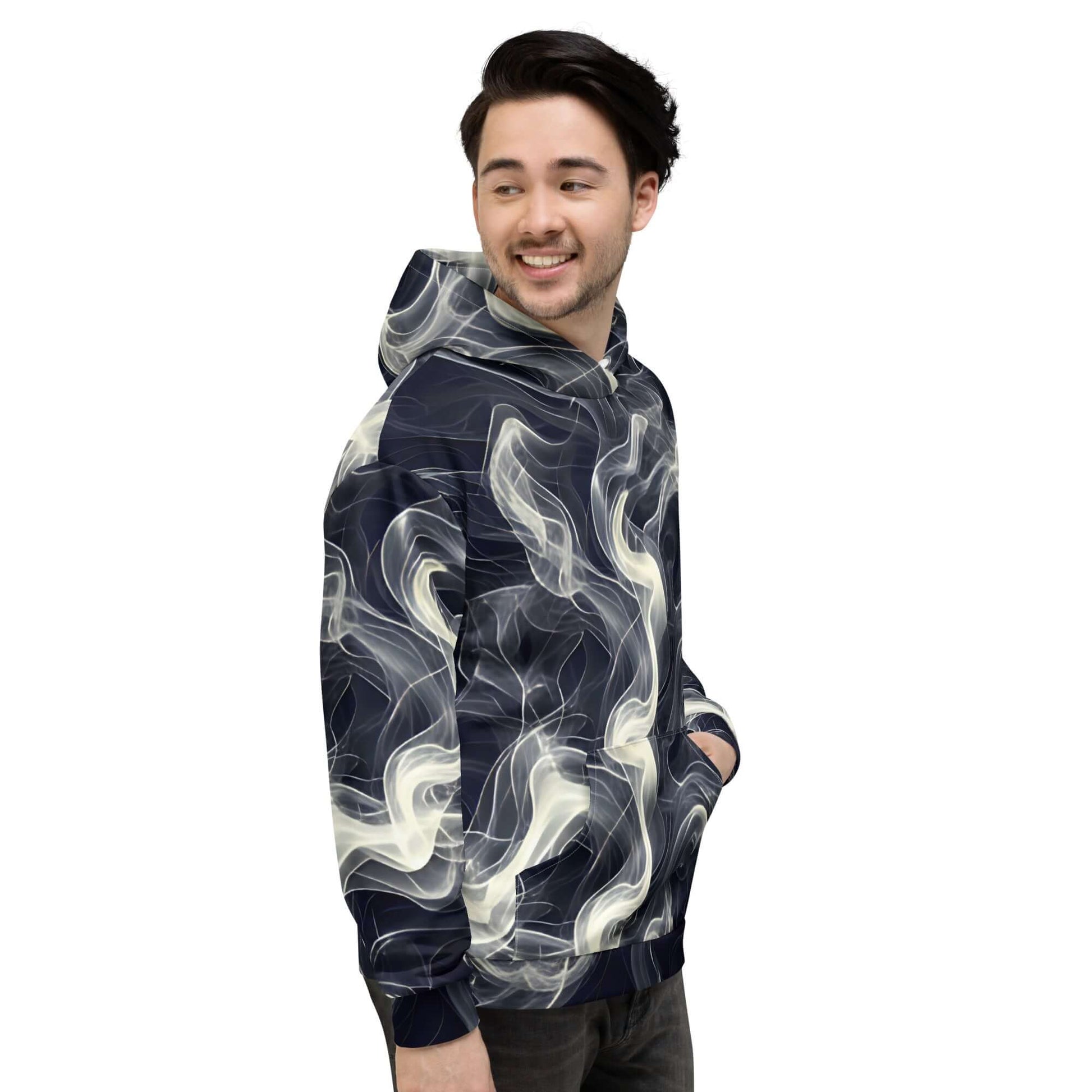 Stylish man wearing a Smokey Unisex Hoodie for Stylish Streetwear Enthusiasts with a vibrant swirl design.