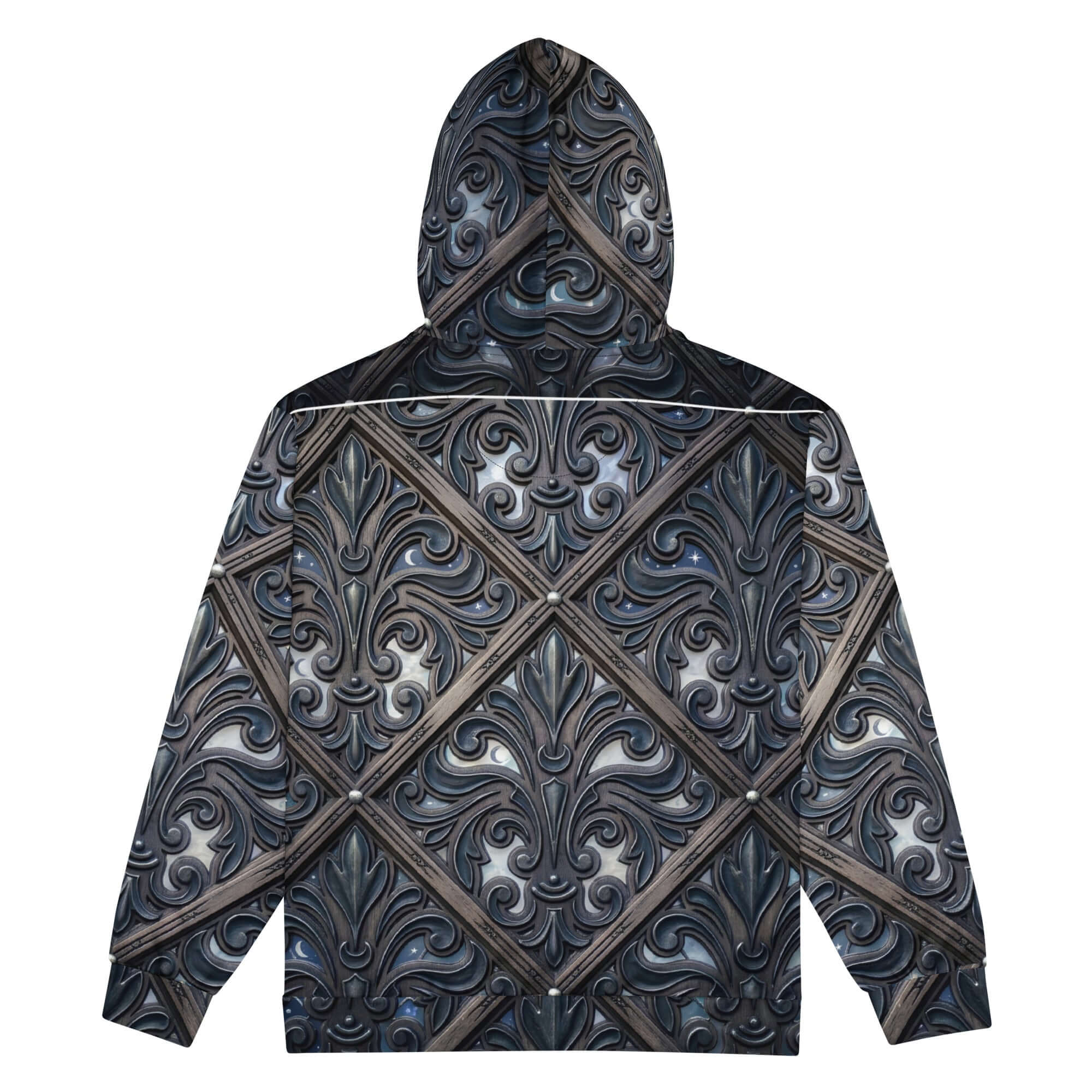 art deco filigree zip hoodie featuring intricate filigree pattern on the back.