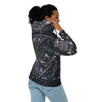 art deco filigree zip hoodie featuring intricate filigree patterns in blue and silver, promoting style and sustainability.