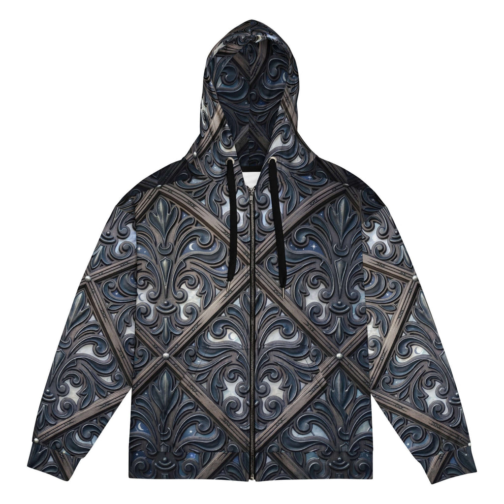 art deco filigree zip hoodie featuring intricate filigree patterns in dark tones