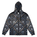 art deco filigree zip hoodie featuring intricate filigree patterns in dark tones