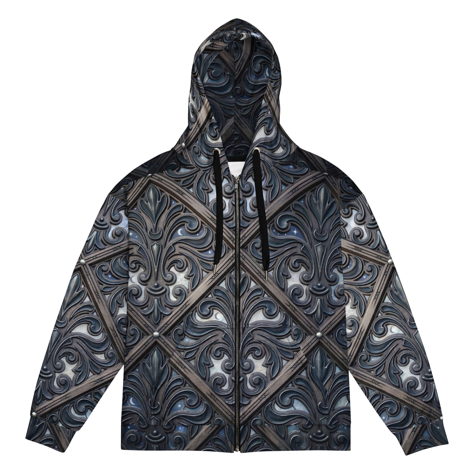 art deco filigree zip hoodie featuring intricate filigree patterns in dark tones