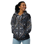 art deco filigree zip hoodie model showcasing intricate design and stylish fit.