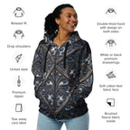 art deco filigree zip hoodie displayed on a model, featuring intricate designs and comfortable fit.