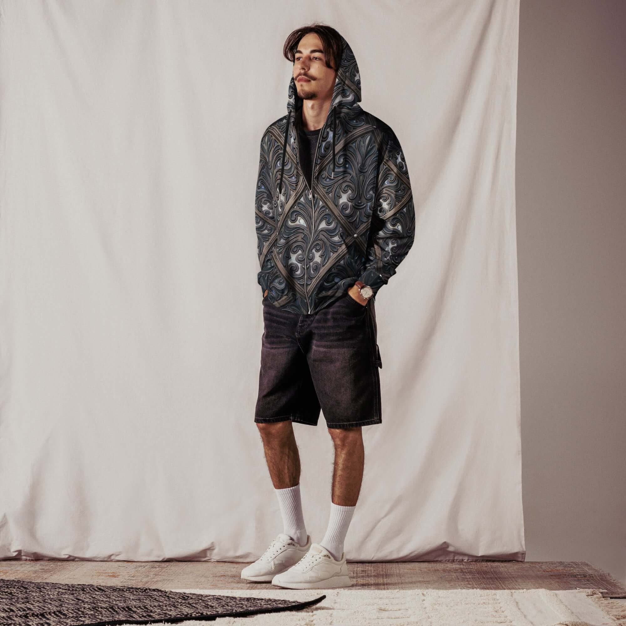 art deco filigree zip hoodie worn by a man with stylish shorts, showcasing intricate design and sustainable fashion.