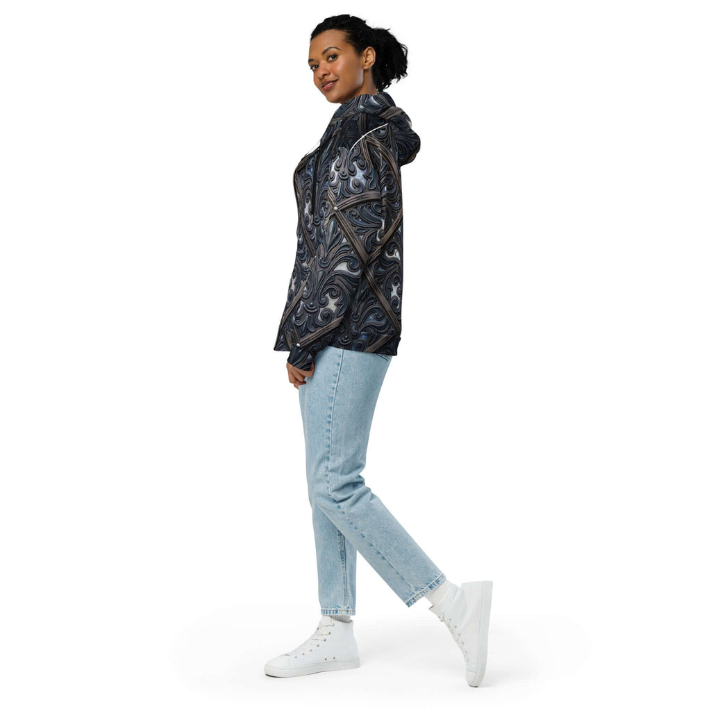 Art deco filigree zip hoodie featuring intricate patterns, modeled by a woman in stylish casual wear.