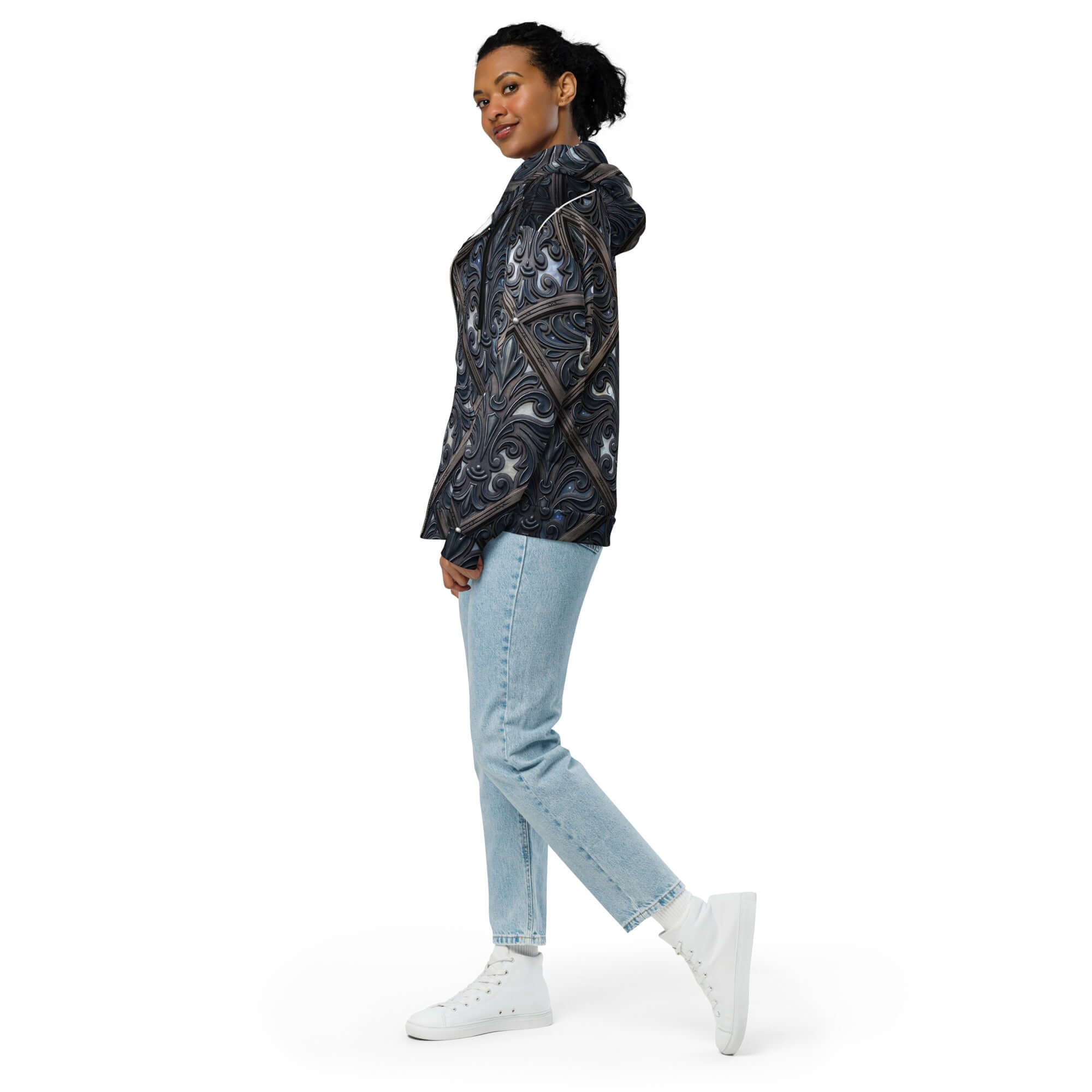 Art deco filigree zip hoodie featuring intricate patterns, modeled by a woman in stylish casual wear.