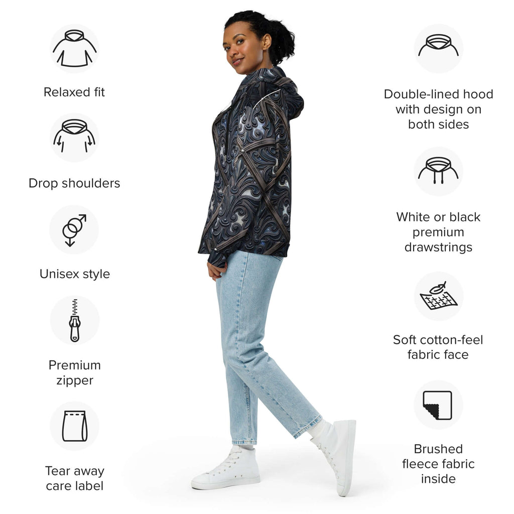 Art deco filigree zip hoodie featuring a relaxed fit and unique design, suitable for unisex styles.