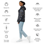 Art deco filigree zip hoodie featuring a relaxed fit and unique design, suitable for unisex styles.