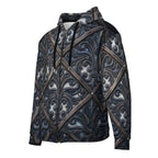 art deco filigree zip hoodie featuring intricate filigree patterns in dark hues.