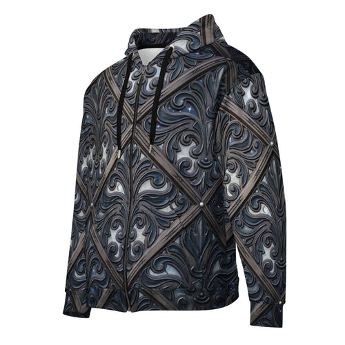 art deco filigree zip hoodie featuring intricate filigree patterns in dark hues.