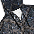 art deco filigree zip hoodie showcasing intricate filigree patterns in dark tones.