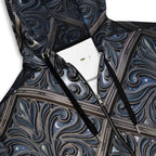 art deco filigree zip hoodie showcasing intricate filigree patterns in dark tones.