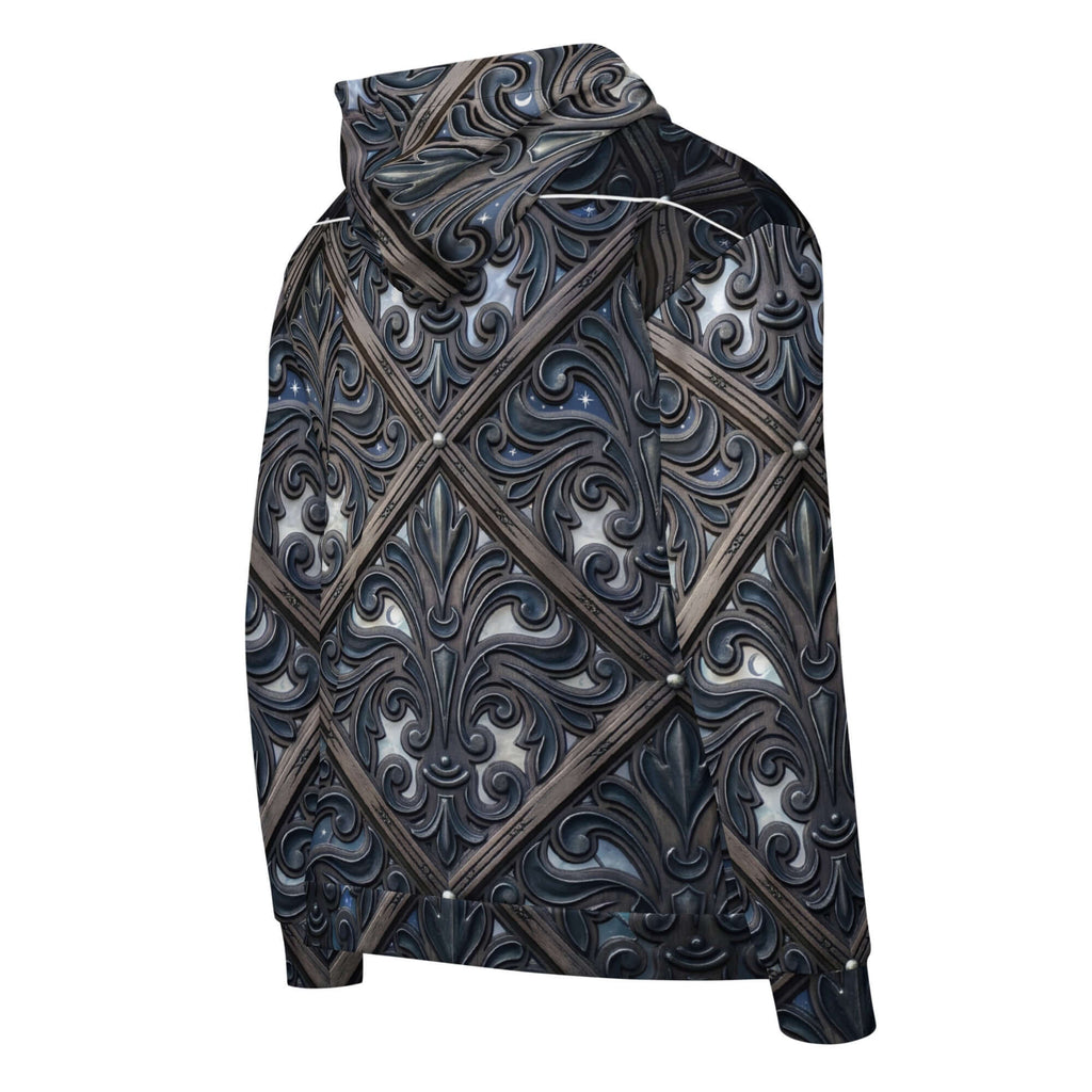 art deco filigree zip hoodie featuring intricate filigree patterns in dark tones