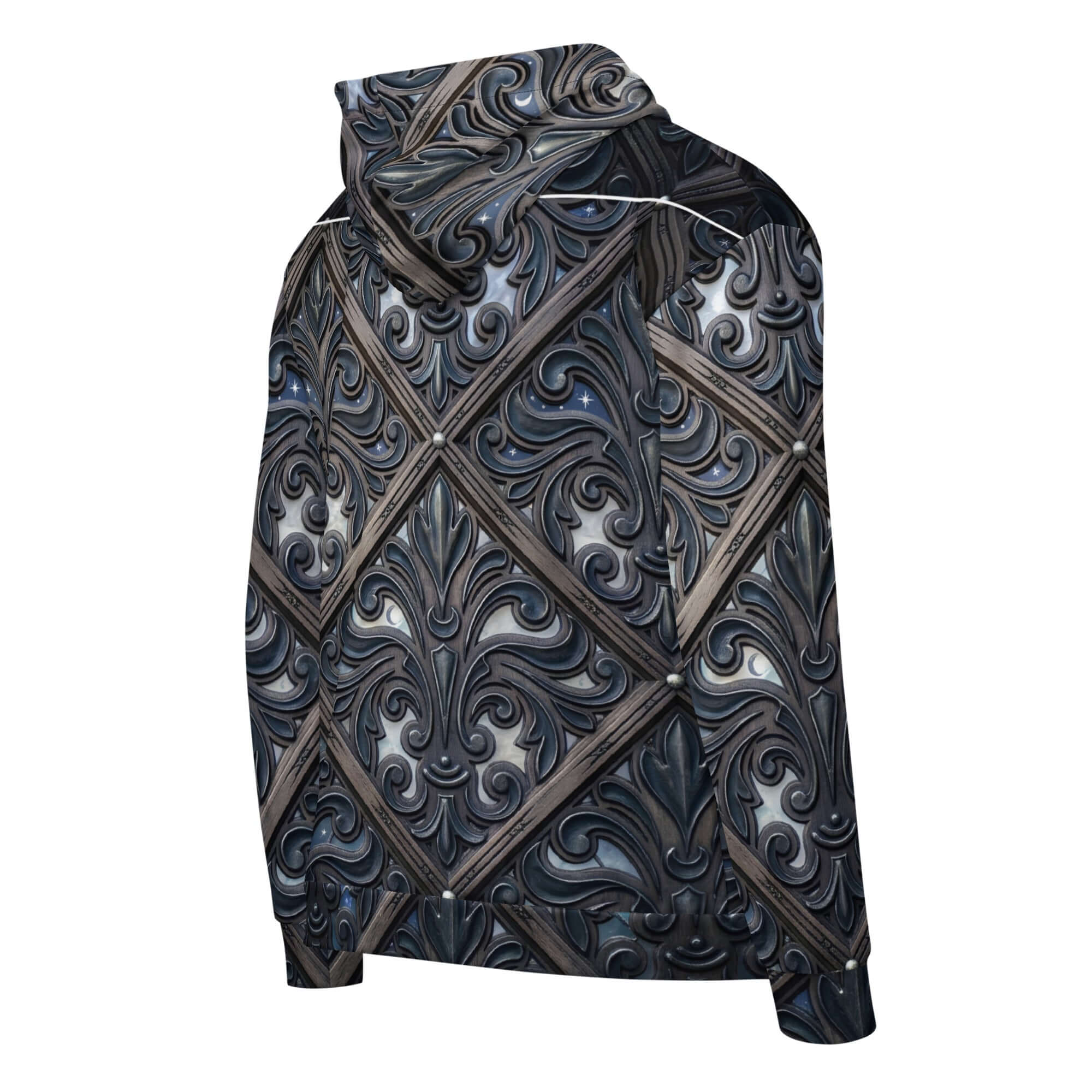 art deco filigree zip hoodie featuring intricate filigree patterns in dark tones