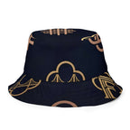 Reversible bucket hat streetwear featuring a stylish navy design with golden patterns.