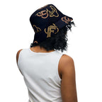 Back view of a person wearing a reversible bucket hat streetwear with a stylish pattern.